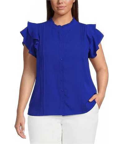 Sugarlips Plus Size Luna Ruffle Mock Neck Short Sleeve Button Down Blouse