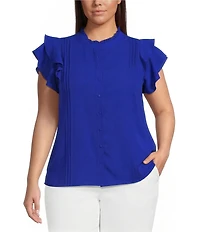 Sugarlips Plus Size Luna Ruffle Mock Neck Short Sleeve Button Down Blouse