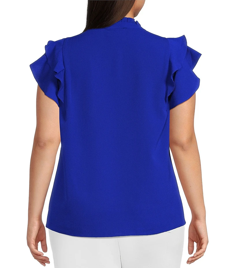 Sugarlips Plus Size Luna Ruffle Mock Neck Short Sleeve Button Down Blouse