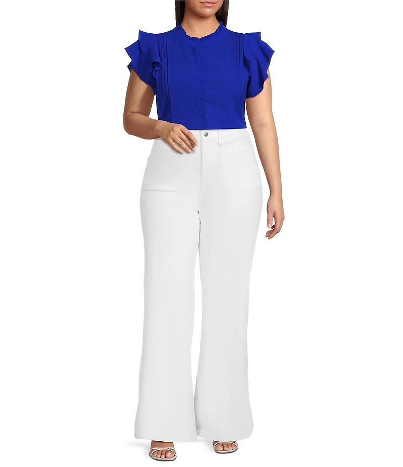 Sugarlips Plus Size Luna Ruffle Mock Neck Short Sleeve Button Down Blouse