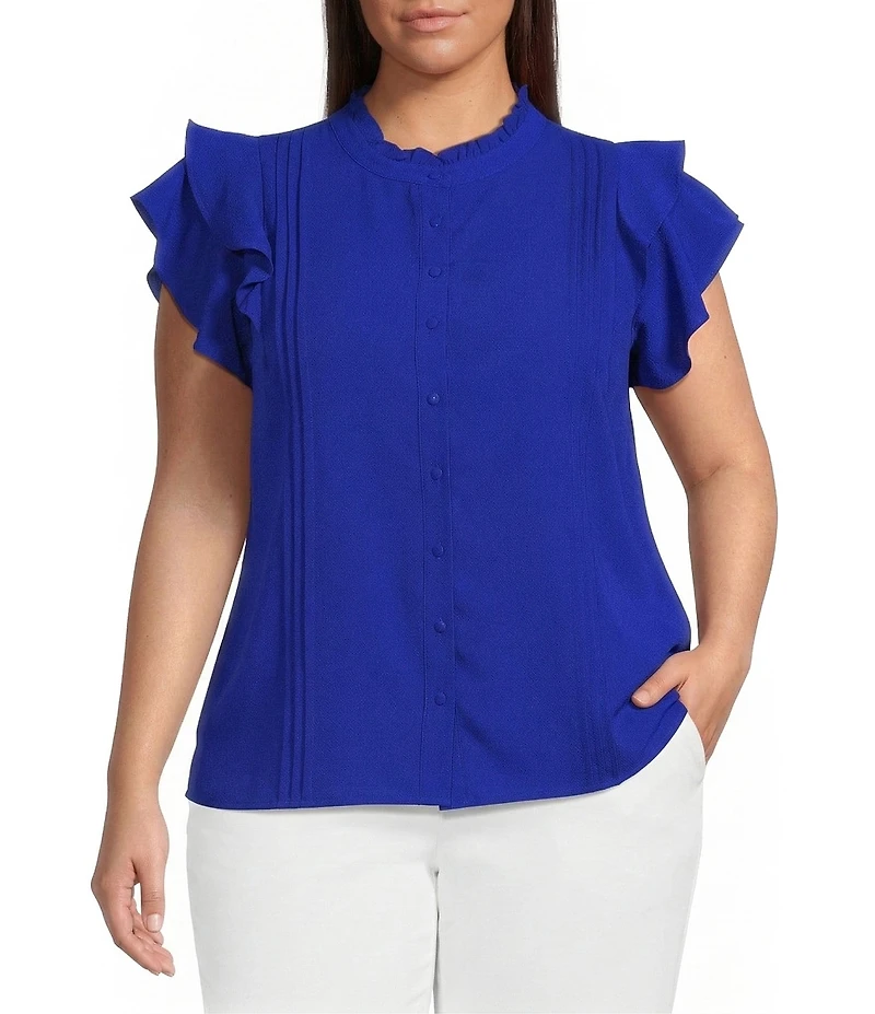 Sugarlips Plus Size Luna Ruffle Mock Neck Cap Sleeve Button Down Blouse
