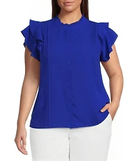 Sugarlips Plus Size Luna Ruffle Mock Neck Cap Sleeve Button Down Blouse