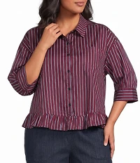 Sugarlips Plus Size Marina Stripe Point Collar Half Sleeve Ruffle Hem Button Front Shirt