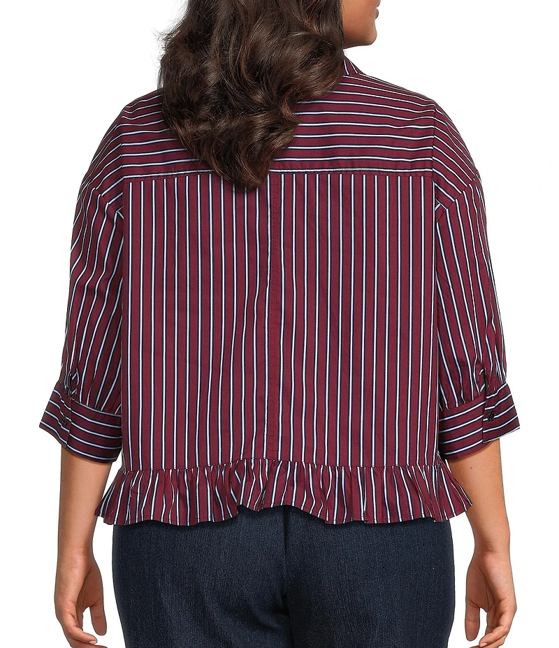 Sugarlips Plus Size Marina Stripe Point Collar Half Sleeve Ruffle Hem Button Front Shirt