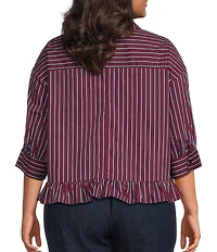 Sugarlips Plus Size Marina Stripe Point Collar Half Sleeve Ruffle Hem Button Front Shirt
