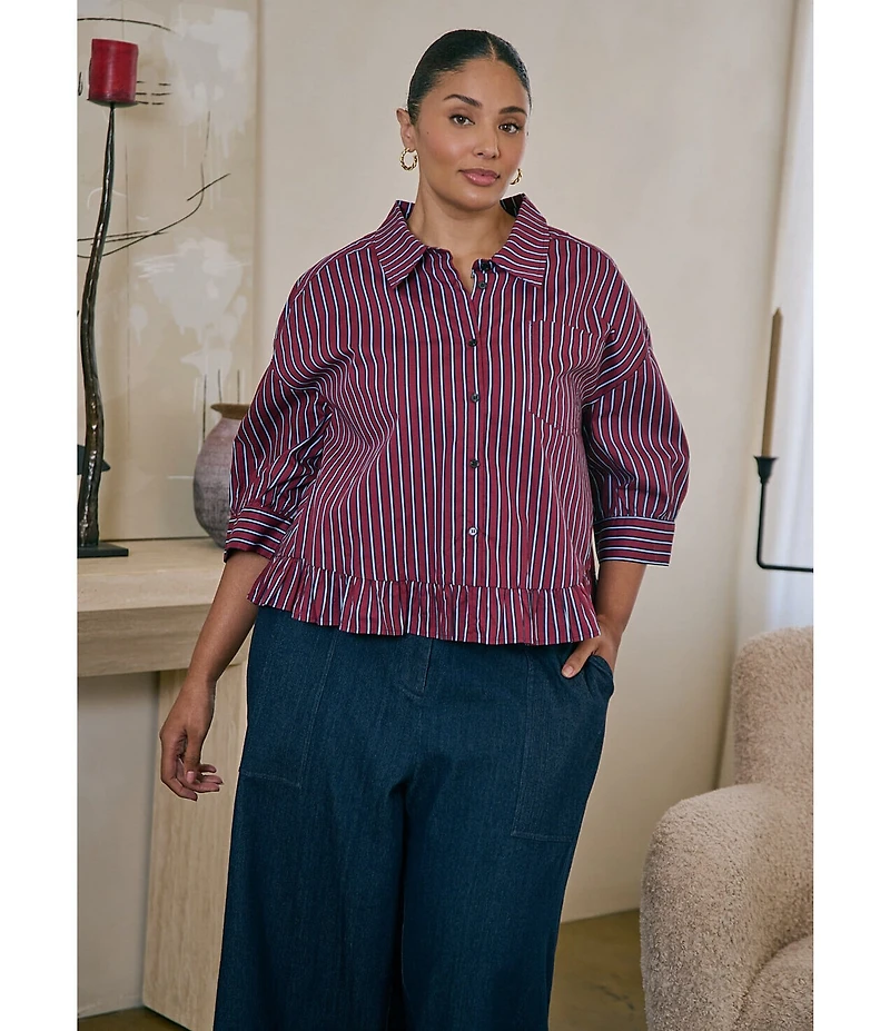 Sugarlips Plus Size Marina Stripe Point Collar Half Sleeve Ruffle Hem Button Front Shirt