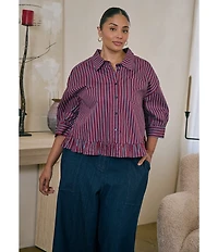 Sugarlips Plus Size Marina Stripe Point Collar Half Sleeve Ruffle Hem Button Front Shirt