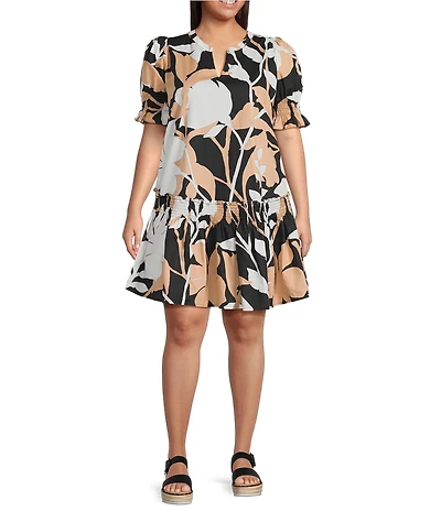 Sugarlips Plus Size Marinella Floral Puffed Sleeve Mini Dress