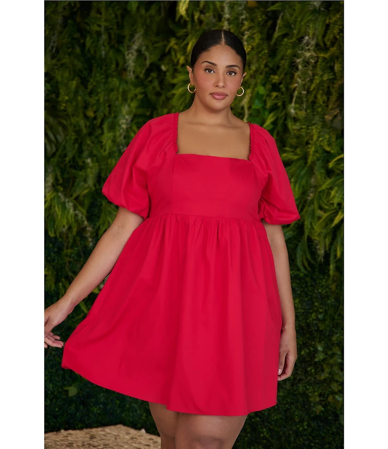 Sugarlips Plus Size Marion Puff Sleeve Square Neck Babydoll Poplin Mini Dress