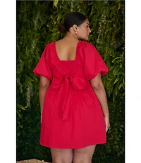 Sugarlips Plus Size Marion Puff Sleeve Square Neck Babydoll Poplin Mini Dress