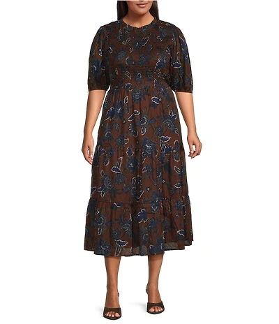 Sugarlips Plus Size Marlina Floral Frazier Smocked Crew Neck Short Sleeve Tiered Midi Dress