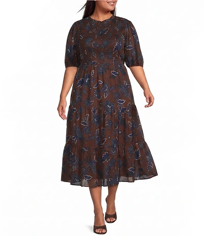 Sugarlips Plus Size Marlina Floral Frazier Smocked Crew Neck Short Sleeve Tiered Midi Dress