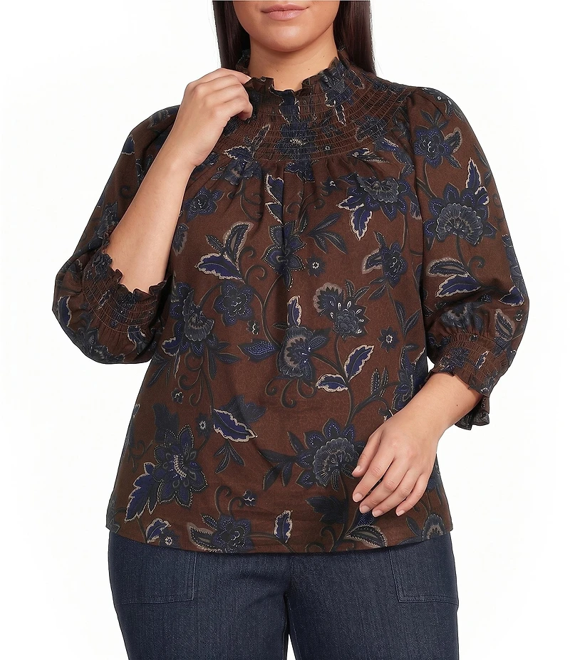 Sugarlips Plus Size Marlina Floral Verity Smocked Mock Neck 3/4 Sleeve Top