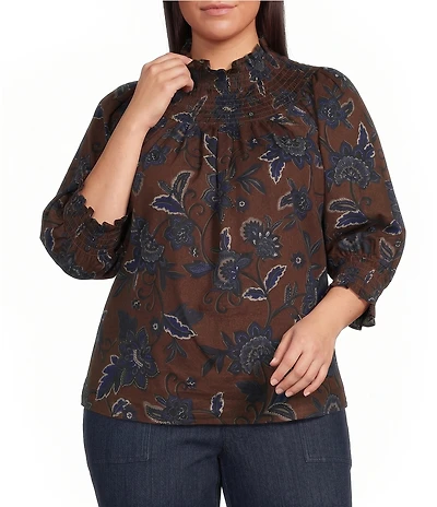 Sugarlips Plus Size Marlina Floral Verity Smocked Mock Neck Short Sleeve Top