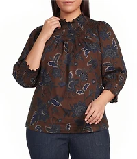 Sugarlips Plus Size Marlina Floral Verity Smocked Mock Neck 3/4 Sleeve Top