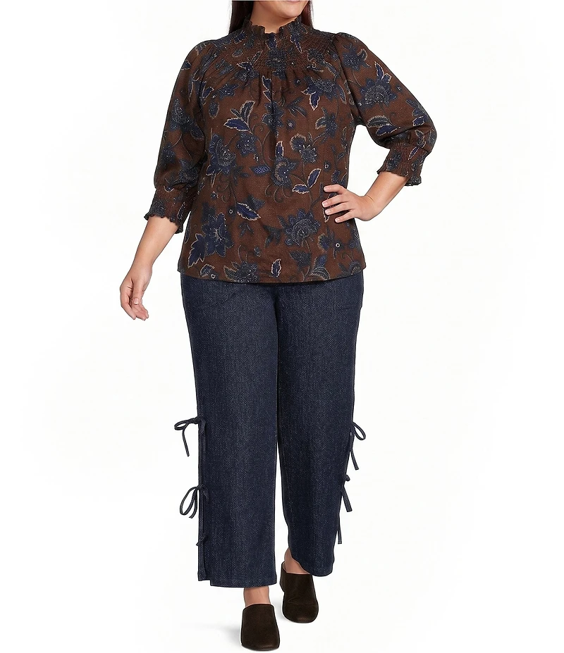 Sugarlips Plus Size Marlina Floral Verity Smocked Mock Neck 3/4 Sleeve Top