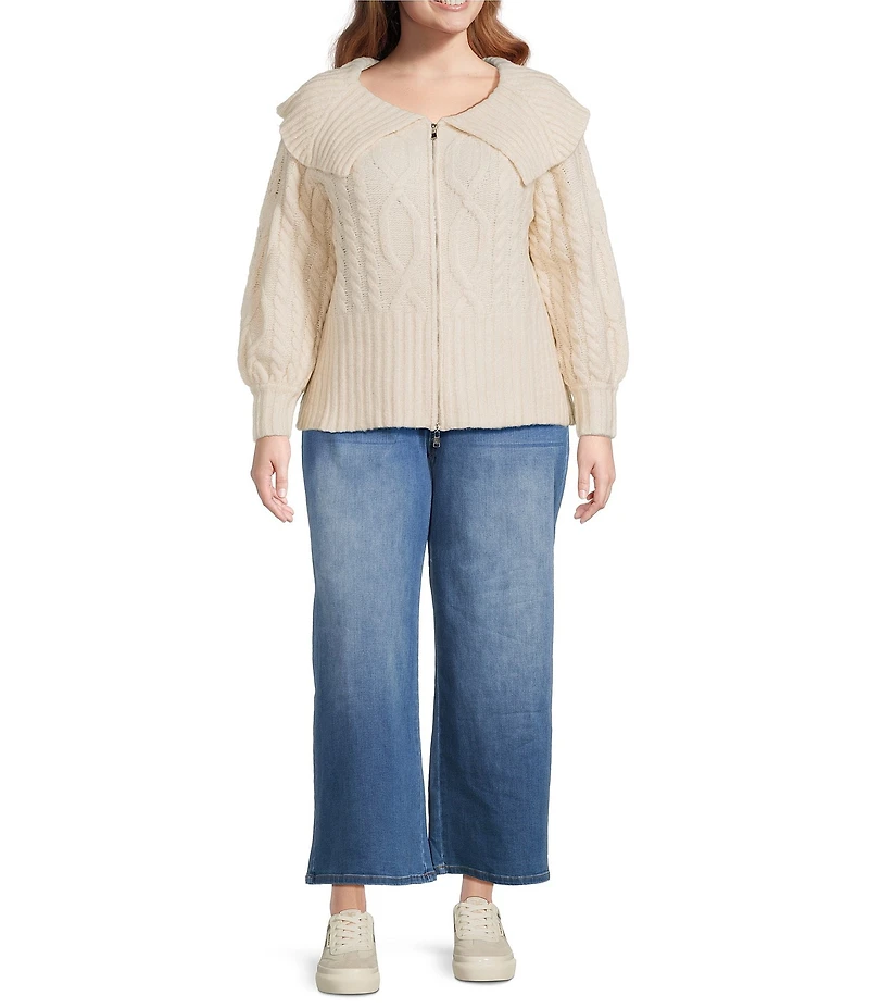Sugarlips Plus Size Mitchell Cable Knit Rib Collar Long Sleeve Drop Shoulder Zip Up Cropped Sweater