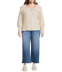 Sugarlips Plus Size Mitchell Cable Knit Rib Collar Long Sleeve Drop Shoulder Zip Up Cropped Sweater