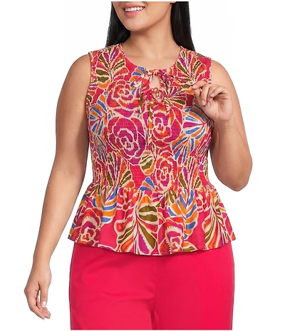 Sugarlips Plus Size Nomi Floral Printed Tinda Smocked Round Neck Sleeveless Peplum Coordinating Top