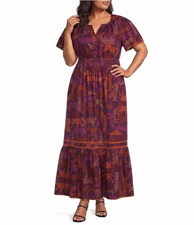 Sugarlips Plus Size Ordy Tiger Print V-Neck Short Sleeve Smocked Waist Maxi Dress