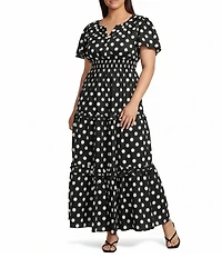 Sugarlips Plus Size Palmer Polka Dot Print Split V-Neck Short Sleeve Tiered Poplin Maxi Dress