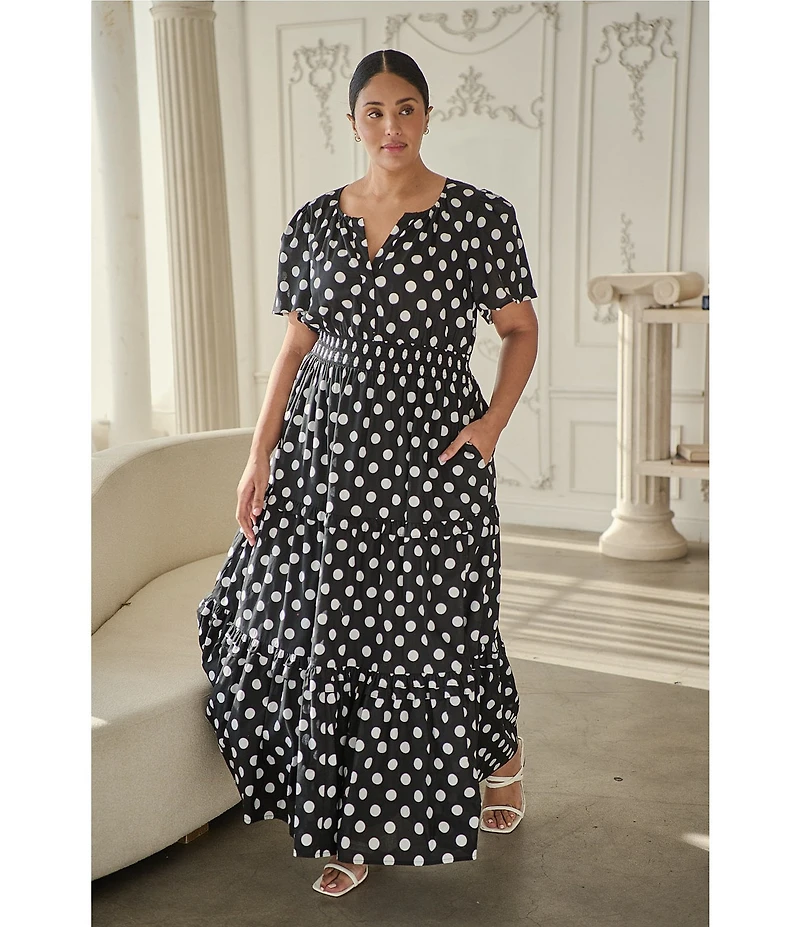 Sugarlips Plus Size Palmer Polka Dot Print Split V-Neck Short Sleeve Tiered Poplin Maxi Dress