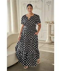 Sugarlips Plus Size Palmer Polka Dot Print Split V-Neck Short Sleeve Tiered Poplin Maxi Dress