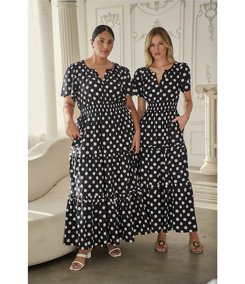 Sugarlips Plus Size Palmer Polka Dot Print Split V-Neck Short Sleeve Tiered Poplin Maxi Dress
