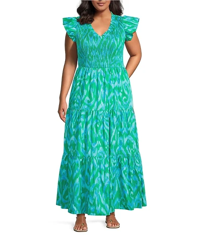 Sugarlips Plus Size Penola Abstract Sunfire Printed Split V-Neck Cap Sleeve Tiered Poplin Midi Dress