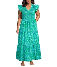 Sugarlips Plus Size Penola Abstract Sunfire Printed Split V-Neck Cap Sleeve Tiered Poplin Midi Dress