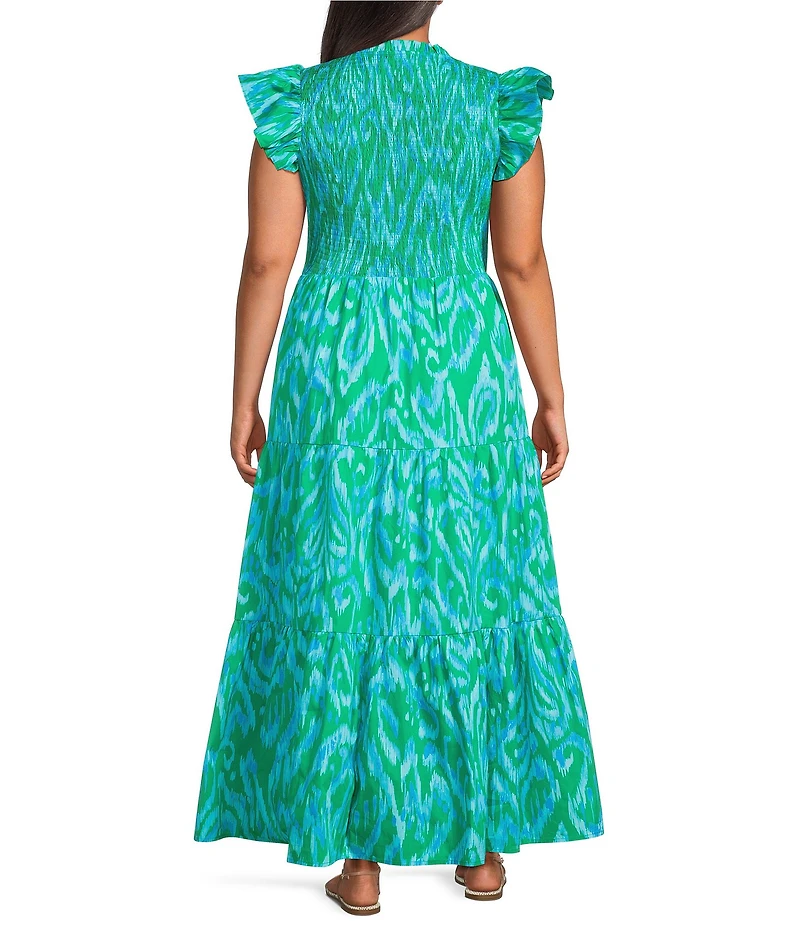 Sugarlips Plus Size Penola Abstract Sunfire Printed Split V-Neck Cap Sleeve Tiered Poplin Midi Dress