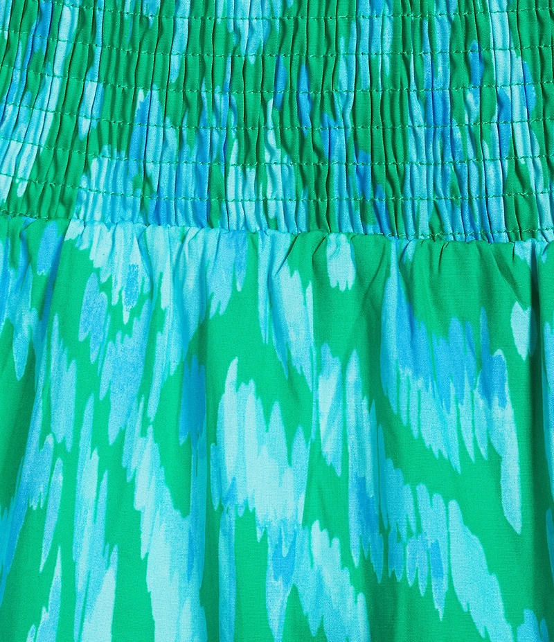 Sugarlips Plus Size Penola Abstract Sunfire Printed Split V-Neck Cap Sleeve Tiered Poplin Midi Dress