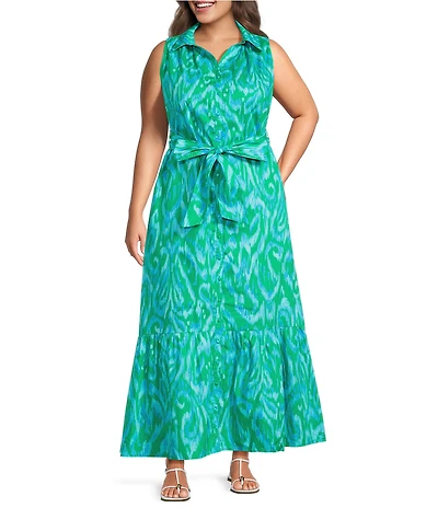 Sugarlips Plus Size Penola Cileah Printed Collared Sleeveless Poplin Maxi Shirt Dress