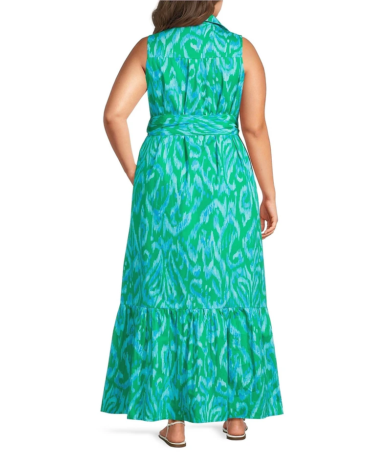 Sugarlips Plus Size Penola Cileah Printed Collared Sleeveless Poplin Maxi Shirt Dress