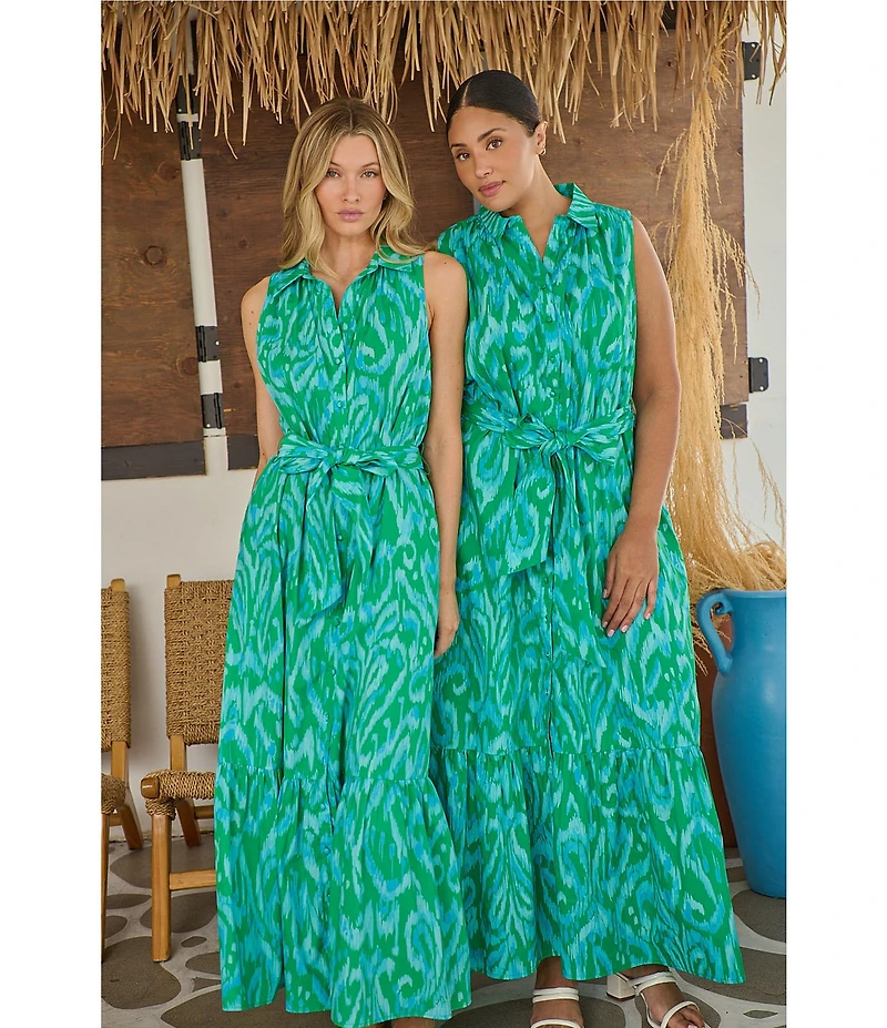 Sugarlips Plus Size Penola Cileah Printed Collared Sleeveless Poplin Maxi Shirt Dress