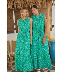 Sugarlips Plus Size Penola Cileah Printed Collared Sleeveless Poplin Maxi Shirt Dress