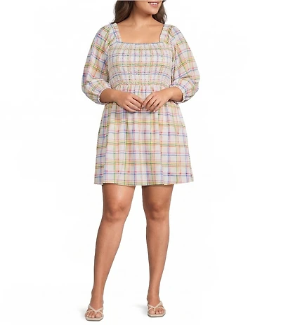 Sugarlips Plus Size Plaid Print Niko Square Neck Half Sleeve Smocked Poplin Mini Dress