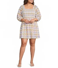Sugarlips Plus Size Plaid Print Niko Square Neck Half Sleeve Smocked Poplin Mini Dress
