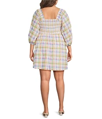 Sugarlips Plus Size Plaid Print Niko Square Neck Half Sleeve Smocked Poplin Mini Dress