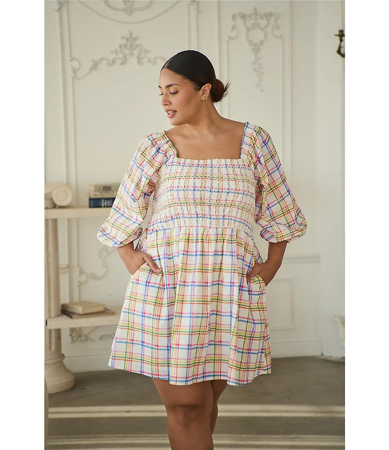 Sugarlips Plus Size Plaid Print Niko Square Neck Half Sleeve Smocked Poplin Mini Dress