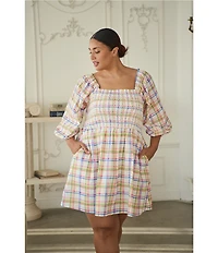 Sugarlips Plus Size Plaid Print Niko Square Neck Half Sleeve Smocked Poplin Mini Dress
