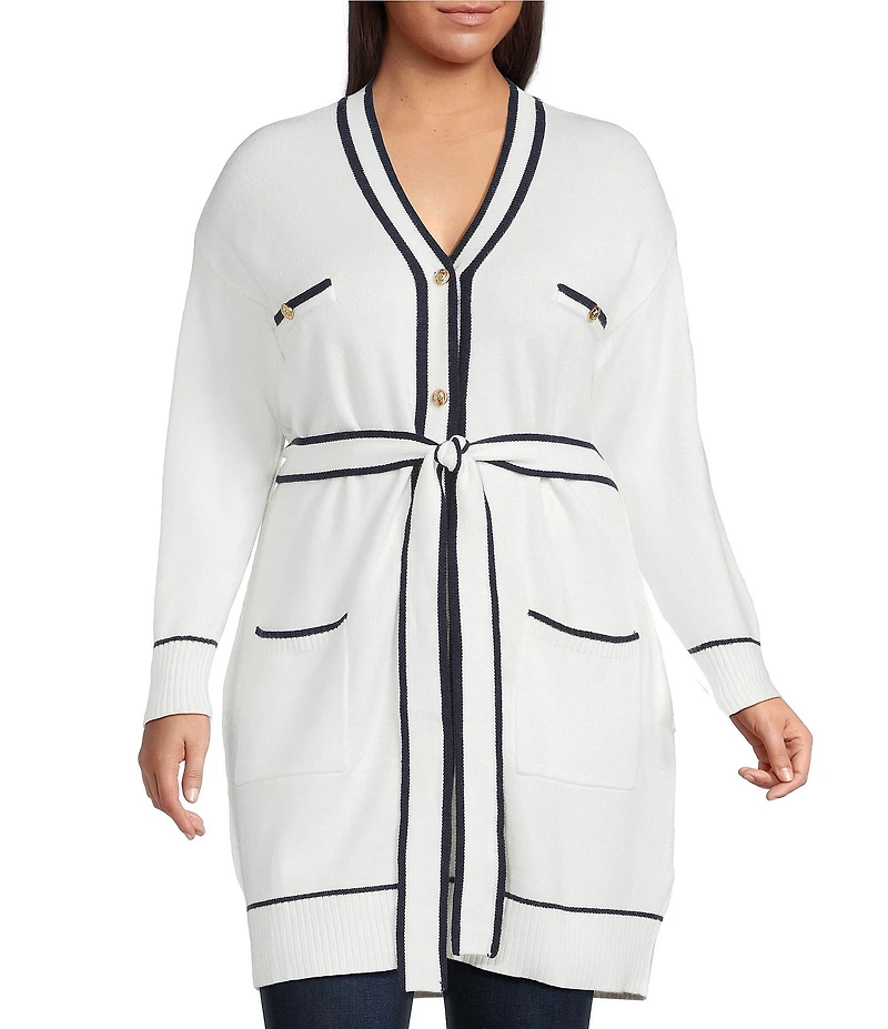 Sugarlips Plus Size Pocketed Long Sleeve Tie Waist Cardigan