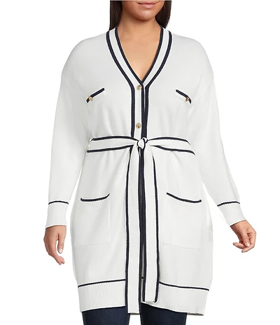 Sugarlips Plus Size Pocketed Long Sleeve Tie Waist Cardigan