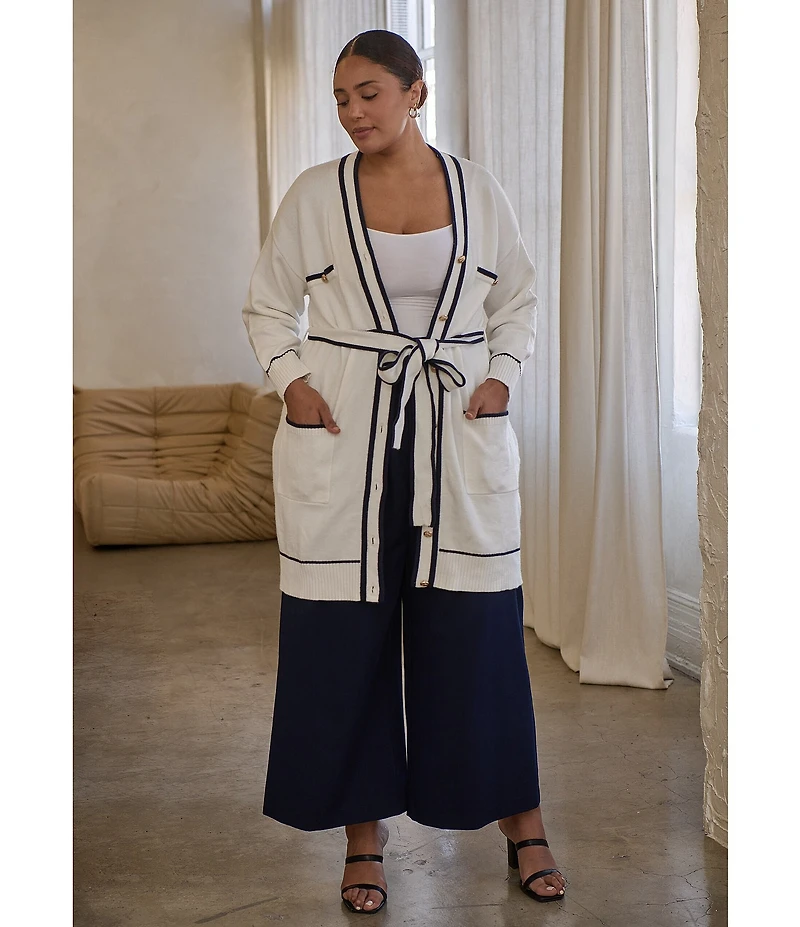 Sugarlips Plus Size Pocketed Long Sleeve Tie Waist Cardigan