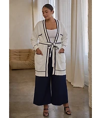 Sugarlips Plus Size Pocketed Long Sleeve Tie Waist Cardigan