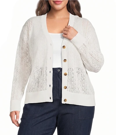 Sugarlips Plus Size Pointelle V-Neck Long Sleeve Button Front Cardigan