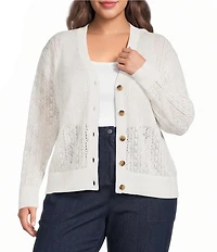 Sugarlips Plus Size Pointelle V-Neck Long Sleeve Button Front Cardigan