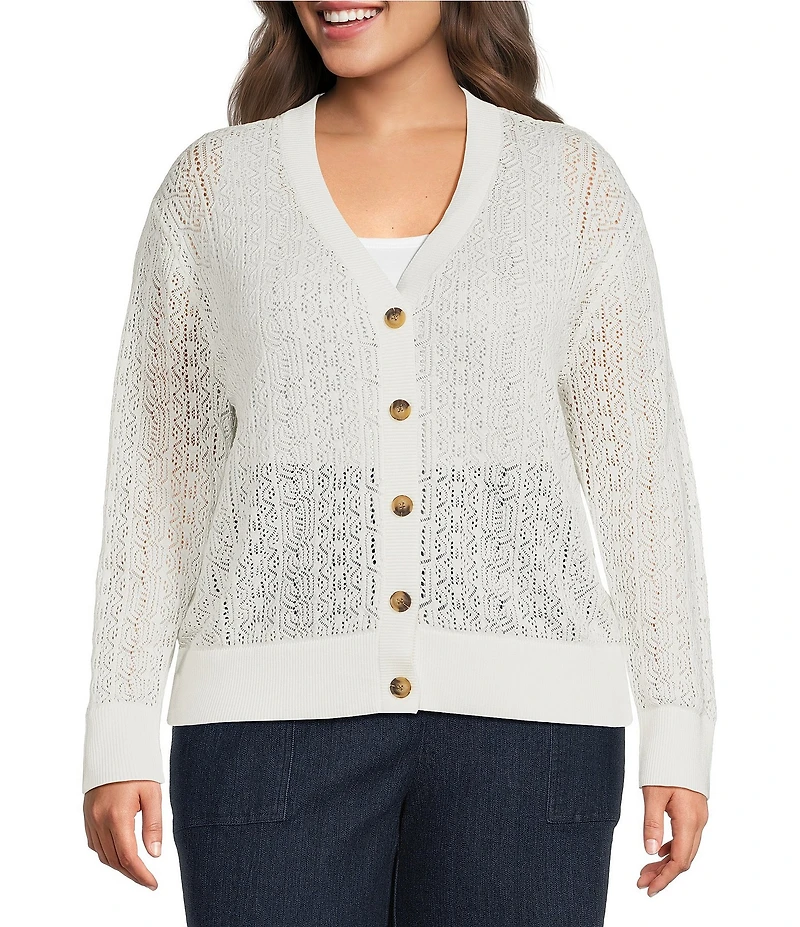 Sugarlips Plus Size Pointelle V-Neck Long Sleeve Button Front Cardigan