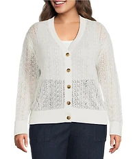 Sugarlips Plus Size Pointelle V-Neck Long Sleeve Button Front Cardigan