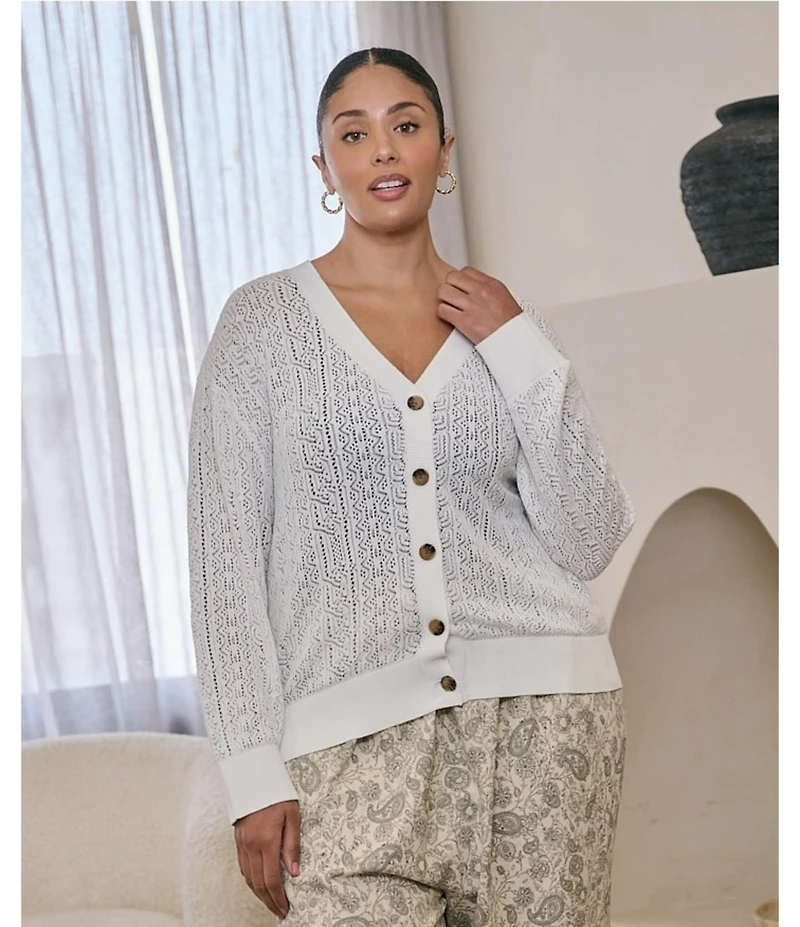Sugarlips Plus Size Pointelle V-Neck Long Sleeve Button Front Cardigan